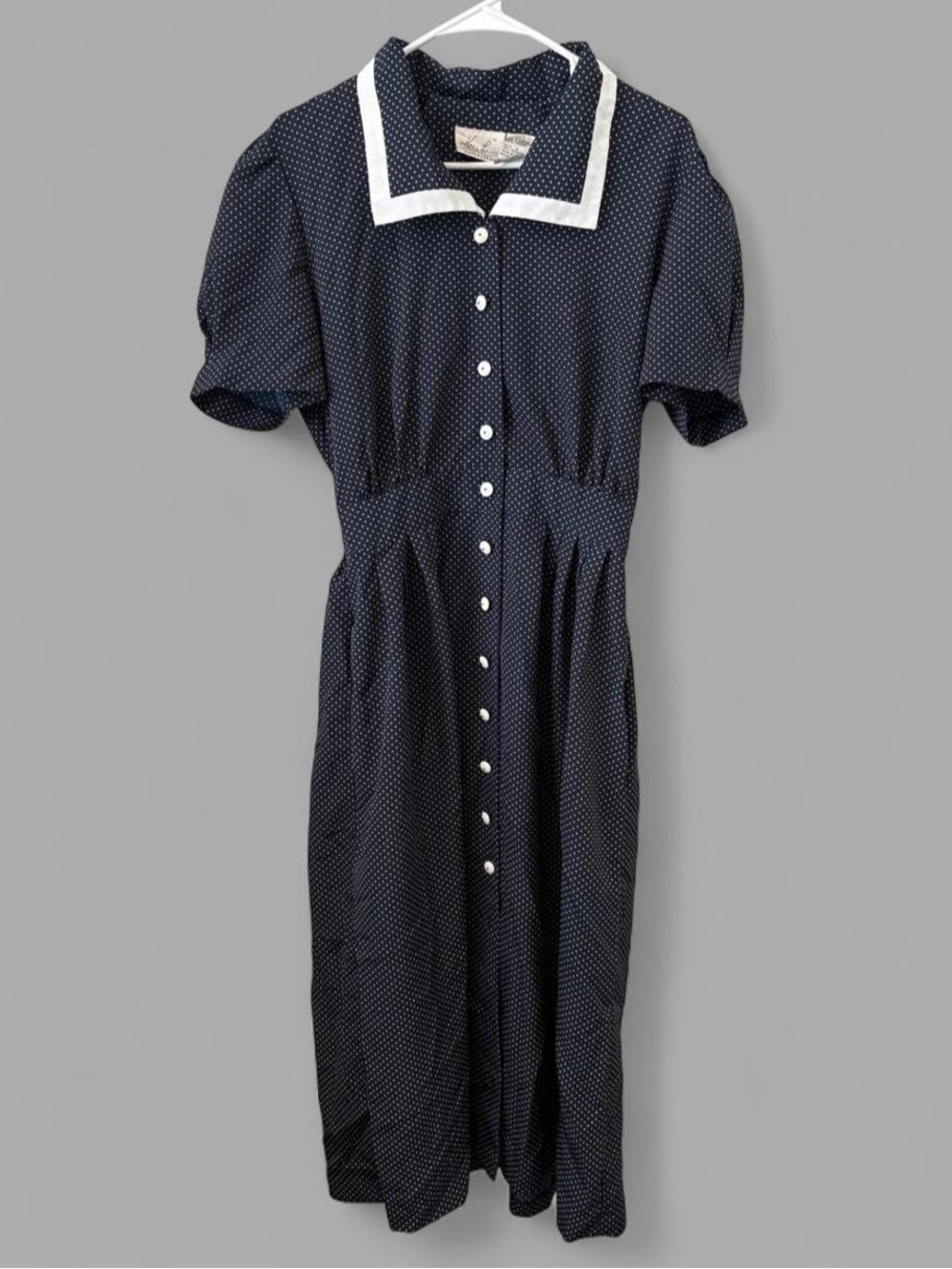 Vintage Kathie Lee Collection Navy Polka Dot Midi Dress with White Trim